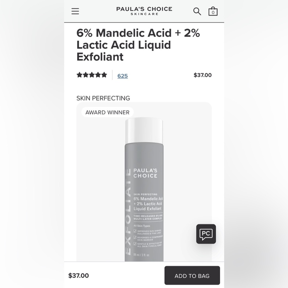Paula’s Choice Skin Perfecting 6% Mandelic Acid + 2% Lactic Acid Exfolient